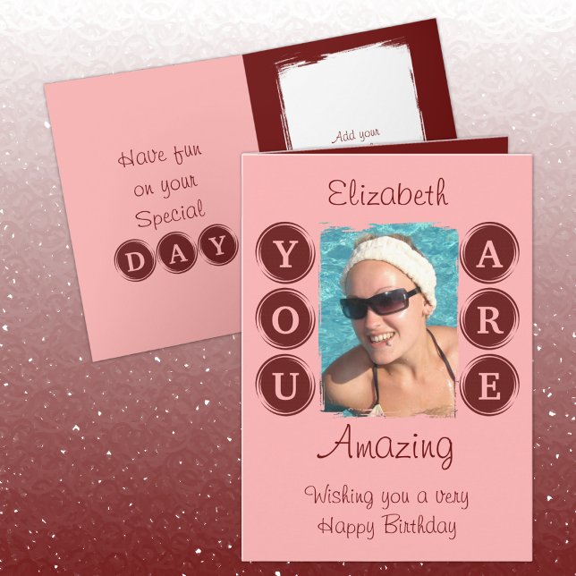 You are amazing add photo name burgundy birthday card (Creator Uploaded)