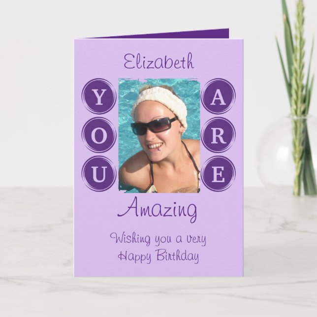 You are amazing add photo name purple birthday card (Front)