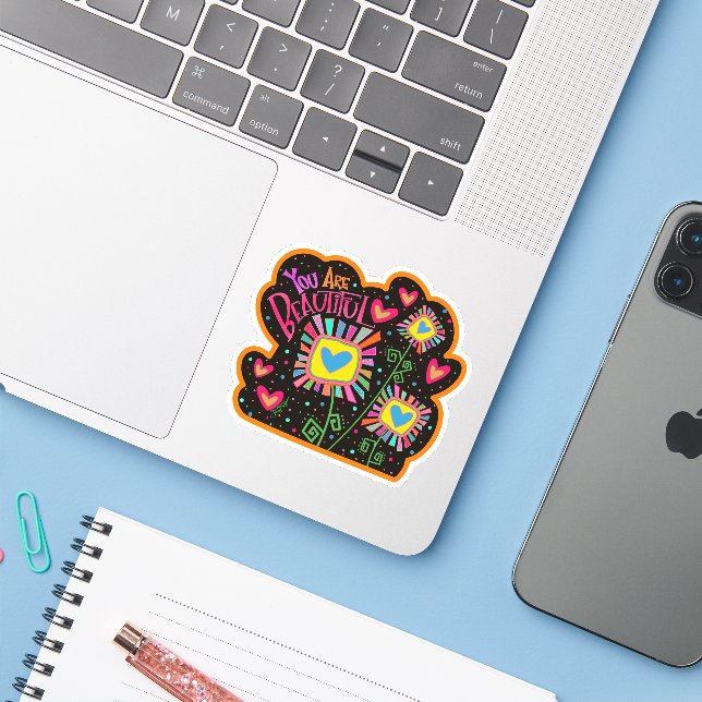 You are Beautiful Whimsical Flower Inspirivity  Sticker (Laptop w/ iPhone)