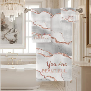 "You Are Beautiful" White Agate Rose Gold Glitter Bath Towel Set