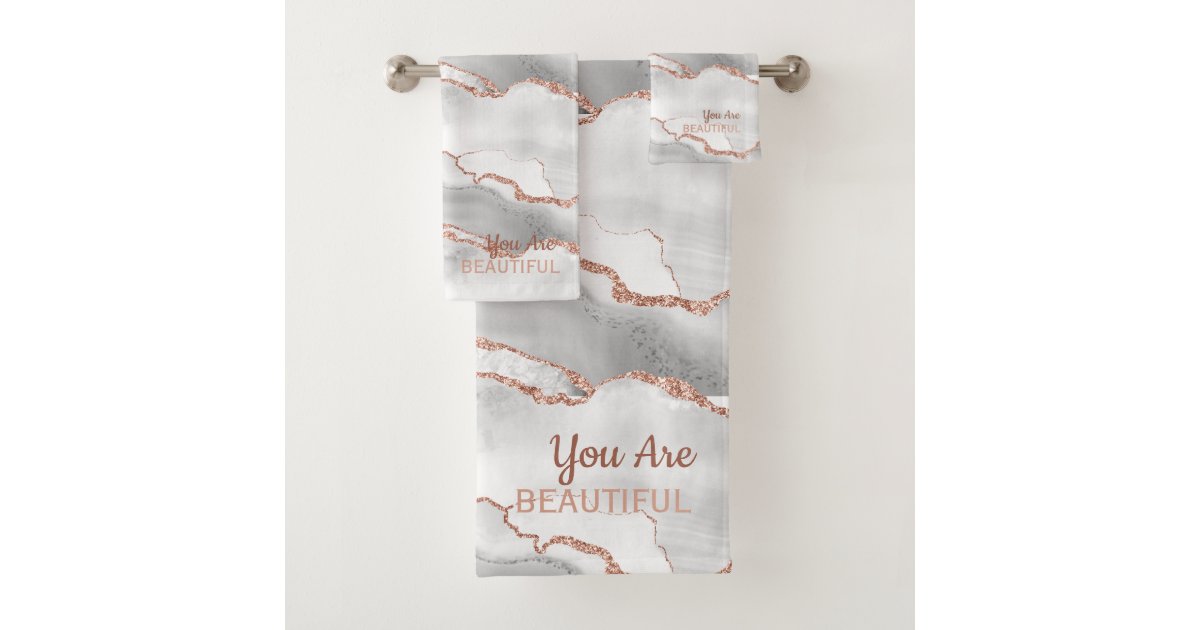 "You Are Beautiful" White Agate Rose Gold Glitter Bath Towel Set Zazzle