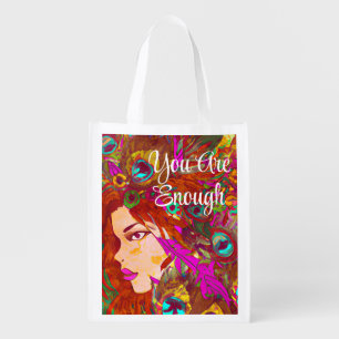 You Are Enough Abstract Art Women with Feathers Grocery Bag