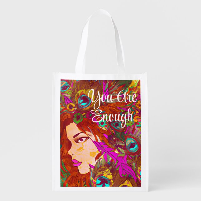 You Are Enough Abstract Art | Women with Feathers Grocery Bag (Front)