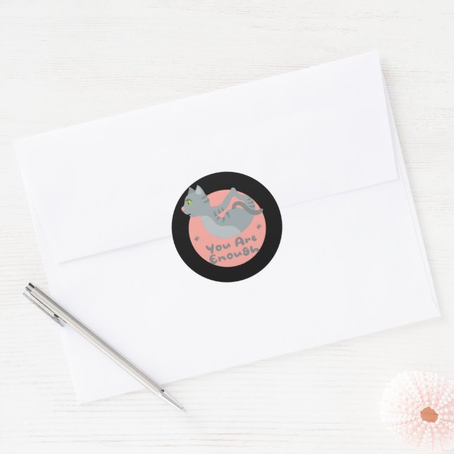 You are enough Kawaii gray cat practicing yoga Classic Round Sticker (Envelope)