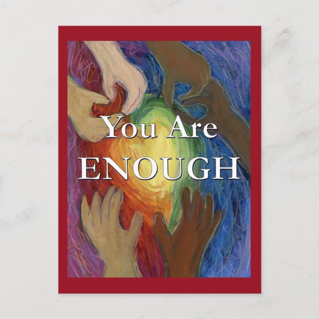 You Are Enough Rainbow Hearts Hands Art Postcard (Front)
