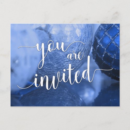 You Are Invited Christmas Party Blue Glass Balls Postcard