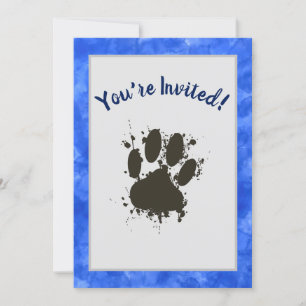 You Are Invited Dog Paw Party Blue Watercolor Invitation
