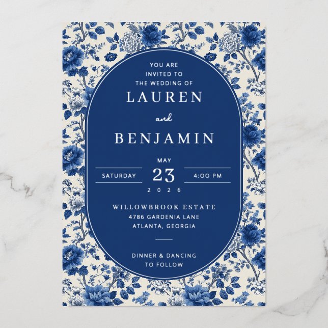 You Are Invited Elegant Blue Floral Foil Invitation (Front)