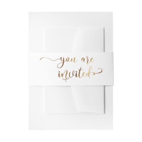 You are Invited Elegant Calligraphy Gold and White Invitation Belly Band