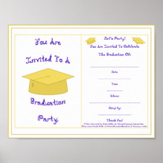 You Are Invited Gold Cap Graduation Party Blue Poster