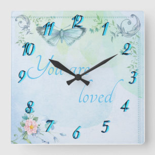 "You are loved" Blue Butterfly Square Wall Clock
