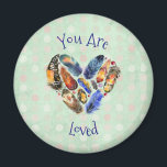 You Are Loved Cute Heart Feather Design Magnet<br><div class="desc">A magnt with a sweet expression. Text says you are loved. With a watercolor design of feathers in a heart shape. Set on a vintage style mint green background with faded pink and white polka dots.</div>