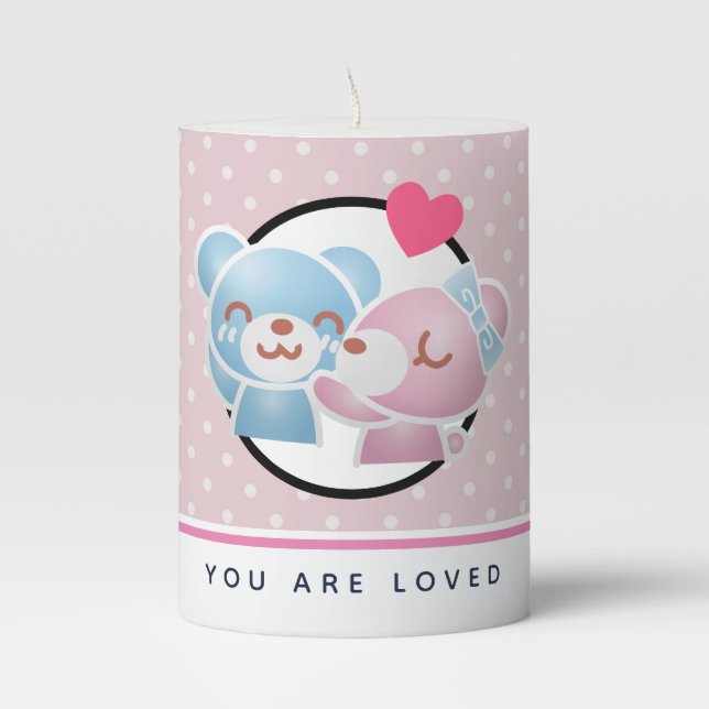 You are Loved Kissing Bears on Polka Dots Pillar Candle (Front)