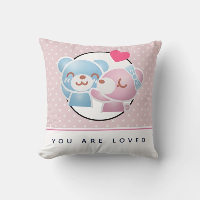 You are Loved Kissing Bears on Polka Dots Throw Pillow (Front)