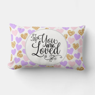 You Are Loved-Pink, Purple and Gold Glitter Hearts Lumbar Pillow
