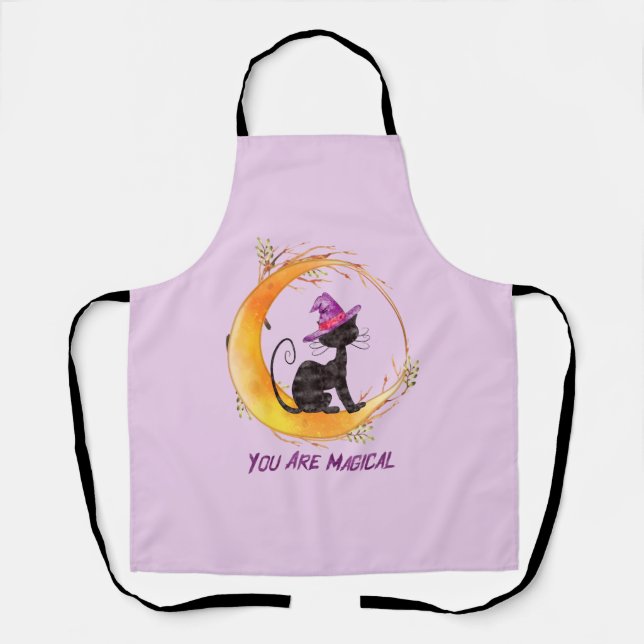 You Are Magical – Witch Black Cat on Crescent Moon Apron (Front)