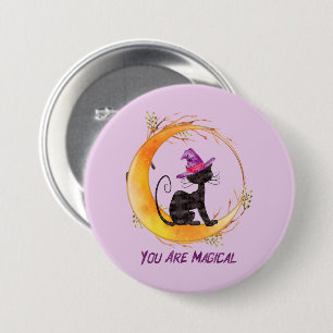 You Are Magical – Witch Black Cat on Crescent Moon Button