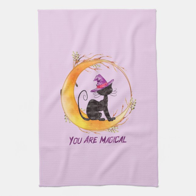 You Are Magical – Witch Black Cat on Crescent Moon Kitchen Towel (Vertical)