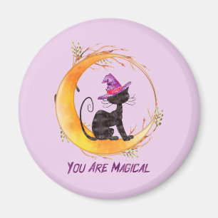 You Are Magical – Witch Black Cat on Crescent Moon Magnet