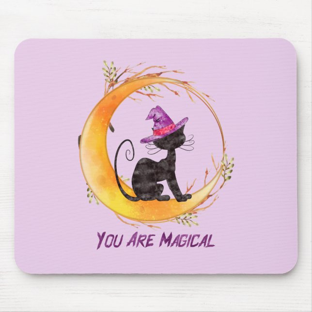 You Are Magical – Witch Black Cat on Crescent Moon Mouse Pad (Front)