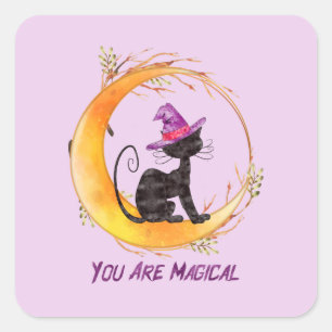 You Are Magical – Witch Black Cat on Crescent Moon Square Sticker
