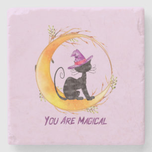 You Are Magical – Witch Black Cat on Crescent Moon Stone Coaster