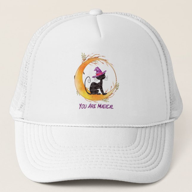 You Are Magical – Witch Black Cat on Crescent Moon Trucker Hat (Front)
