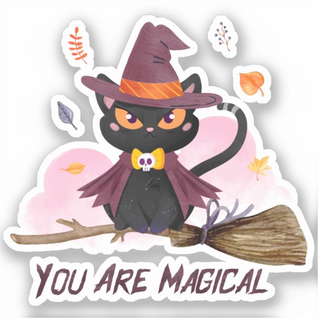 You Are Magical – Witch Cat Riding a Broom Sticker (Front)