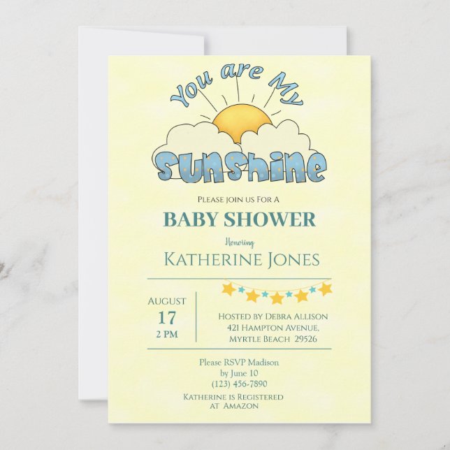 You Are My Sunshine Baby Boy Shower Invitation (Front)