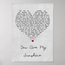 You Are My Sunshine White Heart Song Lyric Quote Print 
