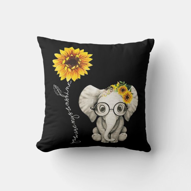 You Are My Sunshine Hippie Sunflower Elephant Throw Pillow (Front)