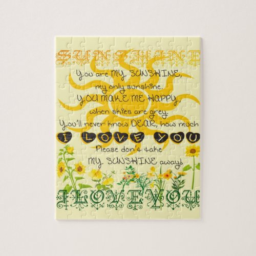You Are My Sunshine in Yellow with Hearts Jigsaw Puzzle
