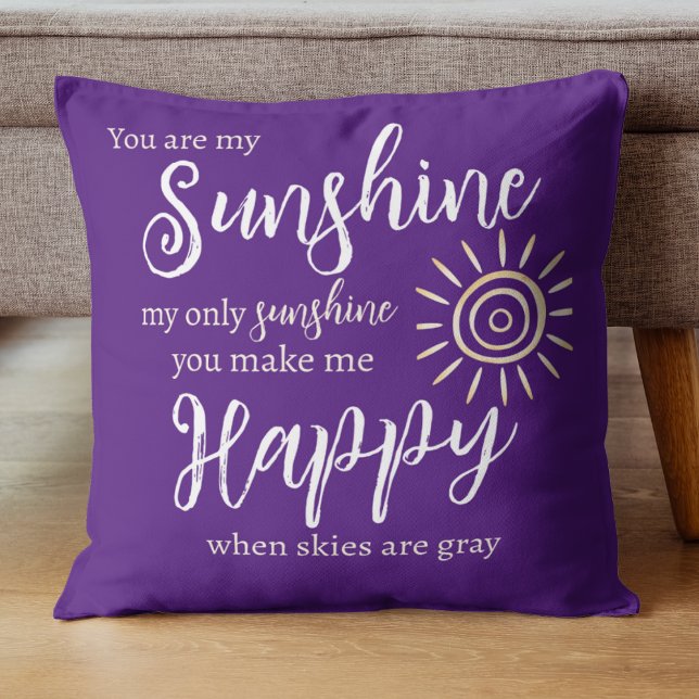 You Are My Sunshine Purple with Sun White Dots Outdoor Pillow (You Are My Sunshine You Make Me Happy song lyrics on a bright purple background with yellow sun.)