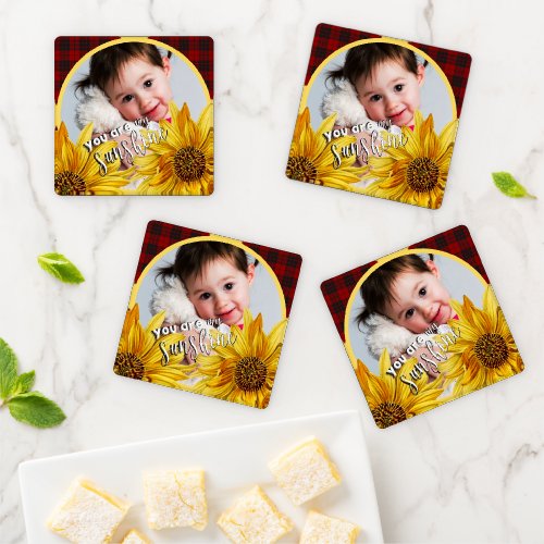 You Are my sunshine Red Plaid Sunflower Photo Coaster Set