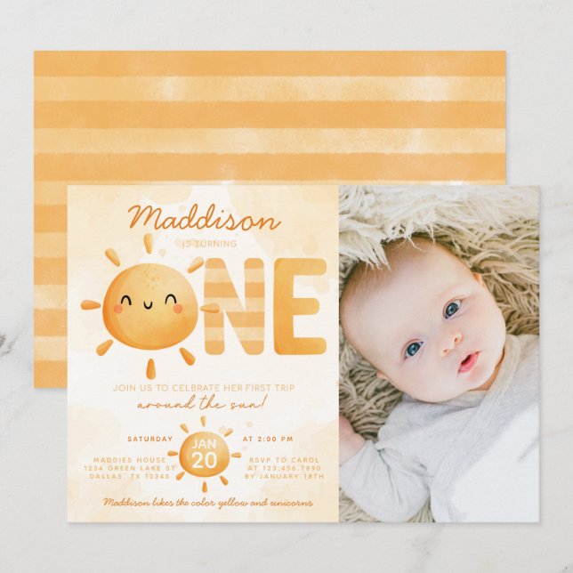 You Are My Sunshine turning ONE 1st Birthday Party Invitation (Front/Back)