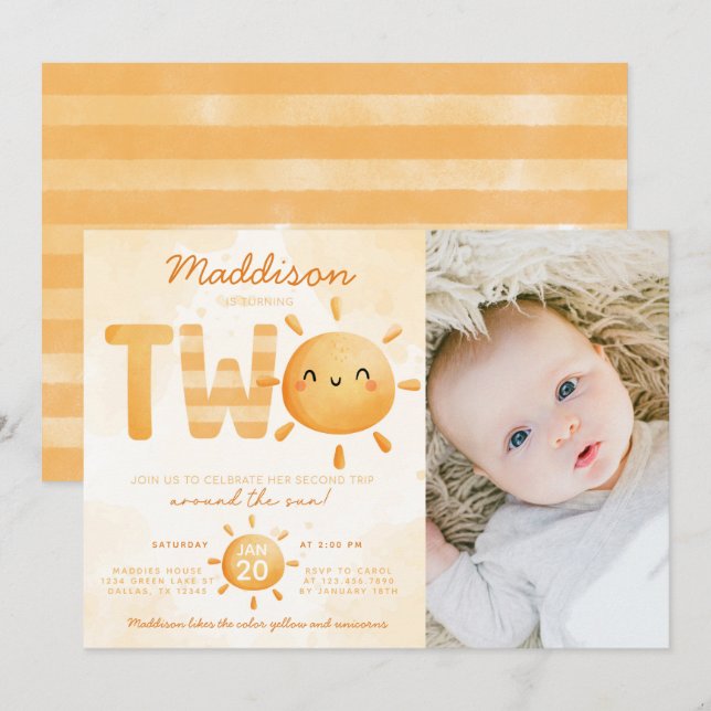You Are My Sunshine turning TWO 2nd Birthday Party Invitation (Front/Back)