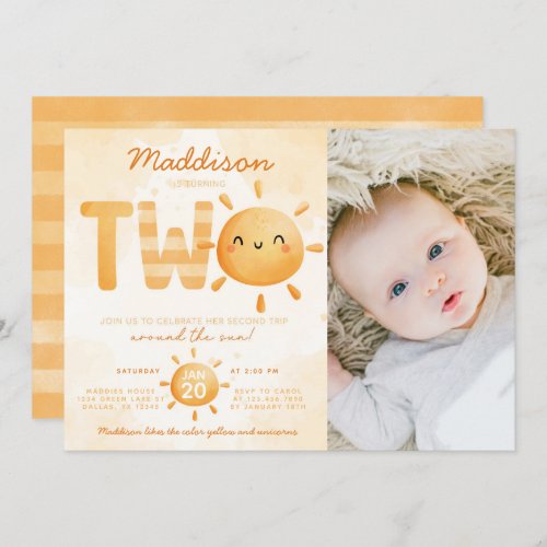 You Are My Sunshine turning TWO 2nd Birthday Party Invitation