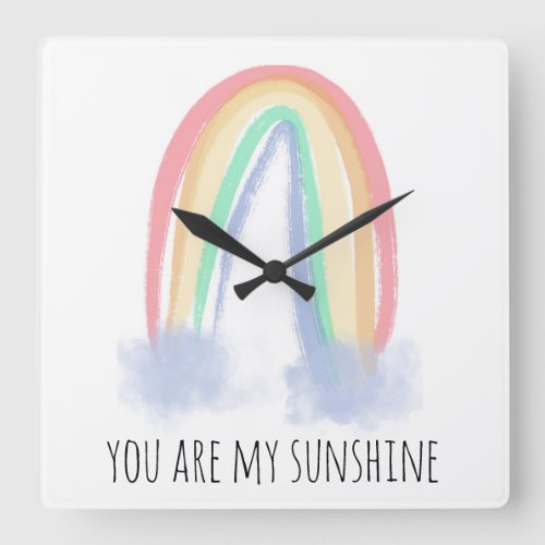 You are my sunshine watercolor painted rainbow  square wall clock