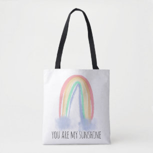 You are my sunshine watercolor painted rainbow tote bag