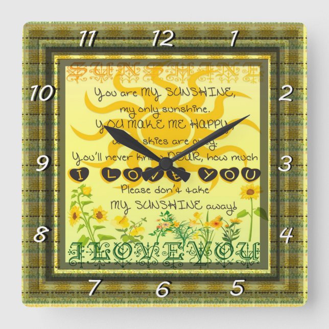 You are My Sunshine with Flowers in Yellow Square Wall Clock (Front)
