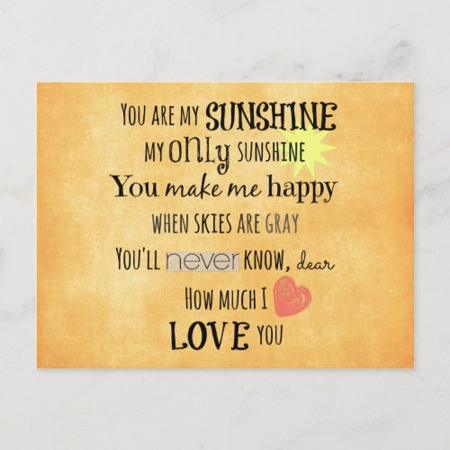 You are my Sunshine Word Art Typography Postcard