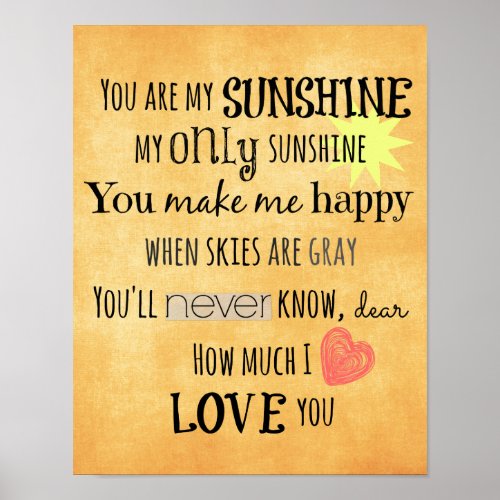 You are my Sunshine Word Art Typography Poster