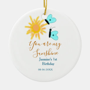 You are my sunshine yellow orange sun blue butterf ceramic ornament