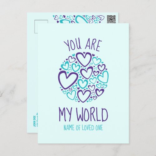 You Are My World Blue Purple Hearts for Loved One Postcard
