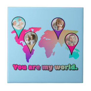 You Are My World Multicolor Map Photo Collage Ceramic Tile