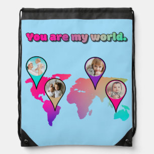 You Are My World Multicolor Map Photo Collage Drawstring Bag