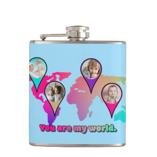 You Are My World Multicolor Map Photo Collage Flask