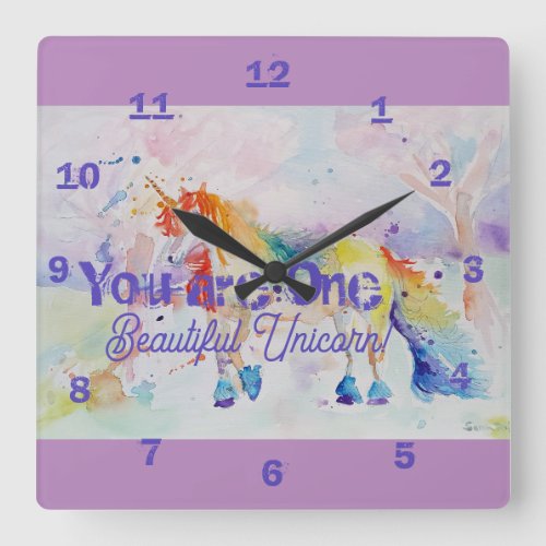 You Are One Beautiful Unicorn Rainbow Girls Square Wall Clock