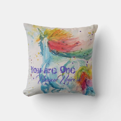 You Are One Unique Unicorn Rainbow Watercolor Throw Pillow