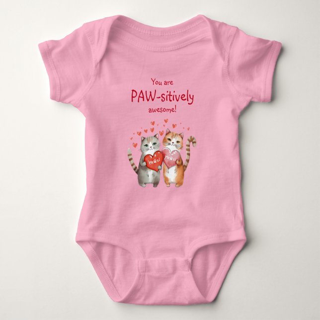 You Are Pawsitively Awesome Red and Pink Cat Baby Bodysuit (Front)